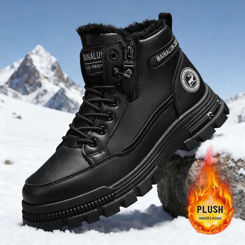 Image of Men's Retro Casual Soft Lined Snow Boots - Brown Synthetic Cover With Black Decoration, Lace , Thick Pvc Sole For Winter And Autumn , Round Toe , Daily Winter Shoes, Winter Boots, Retro Style Boots