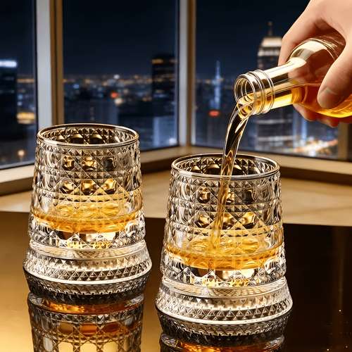 1 set of whiskey glasses with rotating base and diamond cut design capacity suitable for bourbon whiskey and cocktails ideal for bourbon whiskey cocktails and gifting as dining