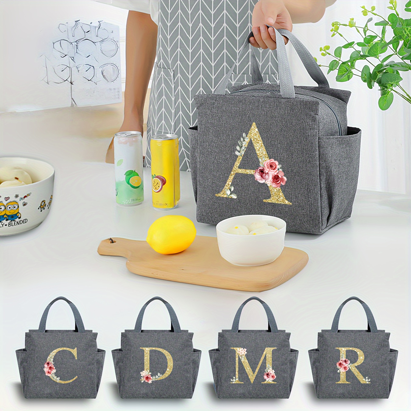 Flower Letter Print Lunch Bag Travel Picnic Cooler Tote - Temu