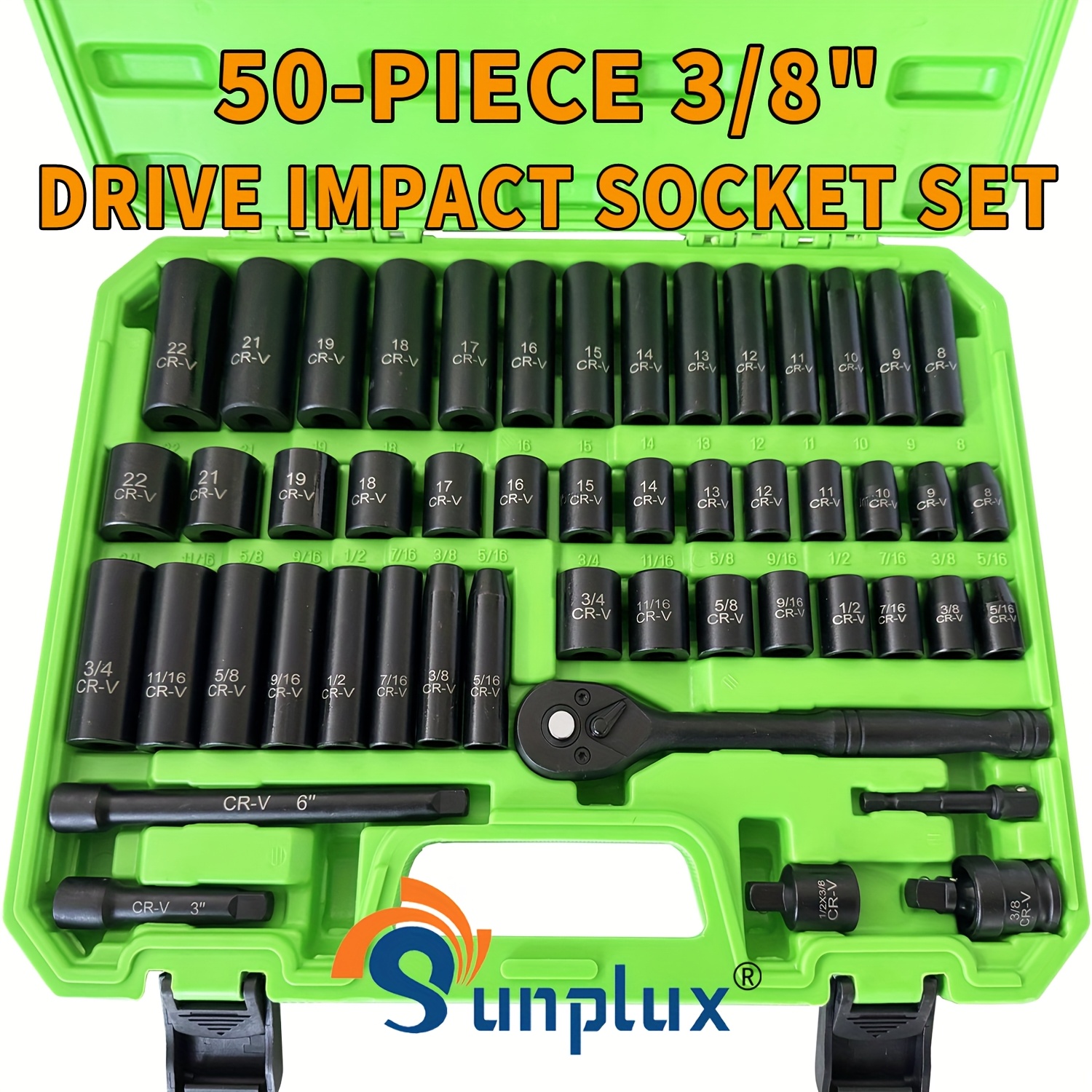 

3/8inch Drive Impact Socket Set, 50pcs Professional 6 Point Metric (8-22mm) & Sae (5/16-3/4inch) Sockets, Chromium Vanadium Steel, With Adapters Ratchet Handle & Suitcase Packaging. Nice Gifts