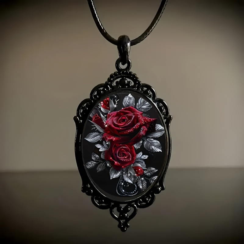 

Elegant Oval Black- Glass Pendant Necklace With Design - Perfect Romantic Gift For Her, Zinc Alloy.