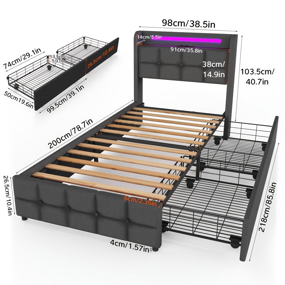 Grey Upholstered Bed Led Single Bed 90x200cm With Storage Drawers Bed Frame With Light Strips And Usb Port, Bluetooth Control Adjustable Lighting, Easy Assembly, Wooden Support Slats