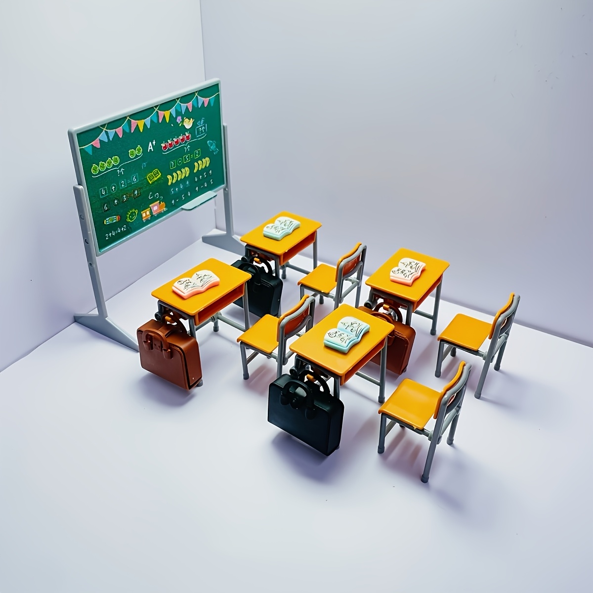 15pcs Mini Classroom Desks & Blackboard Dollhouse Model Set