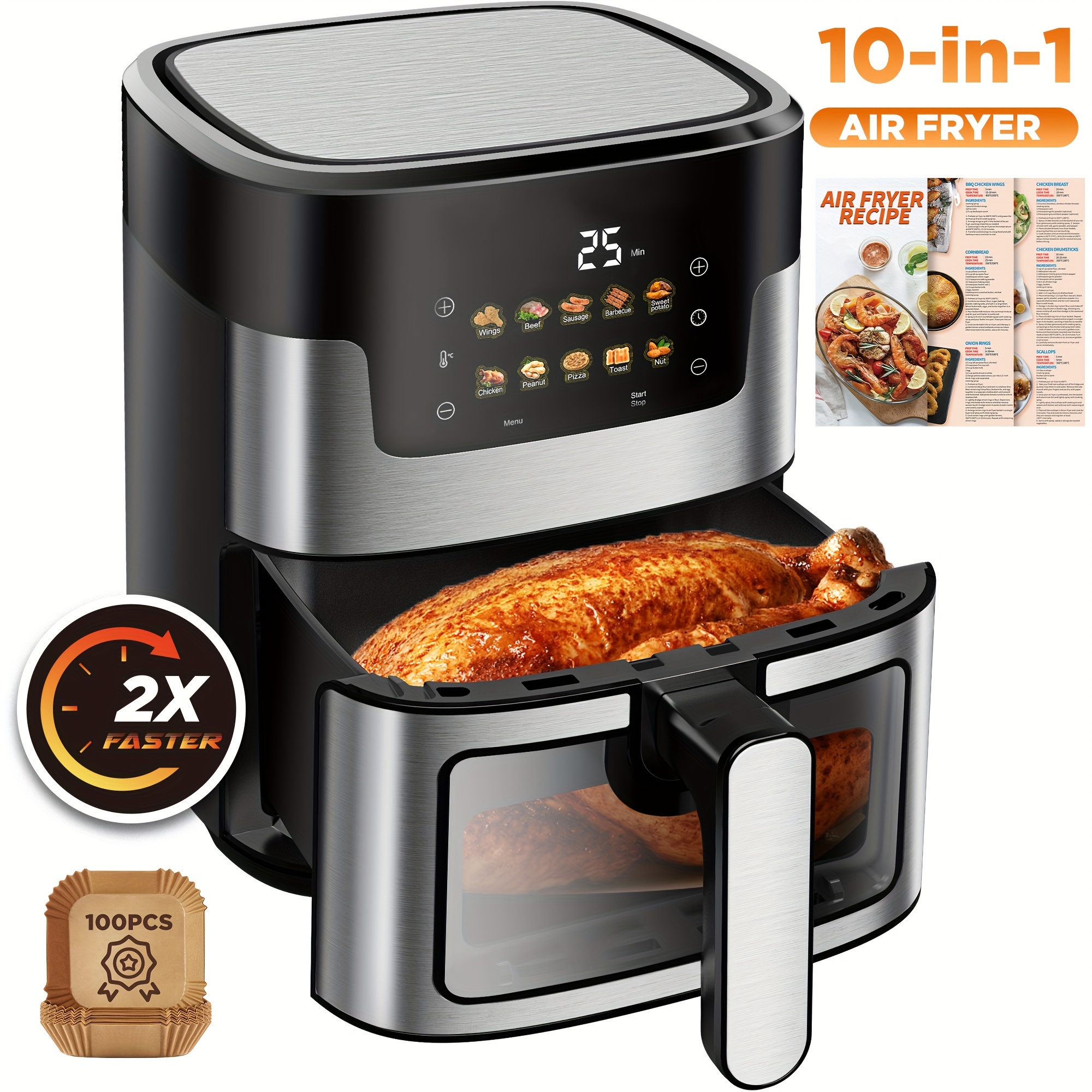 

Air Fryer, 7.5qt Air Fryer Oven Oilless Cooker, 10-in-1 Hot Air Fryers With Digital Led Touch Screen, 10 Cookings, Dishwasher-, Including Air Fryer Paper Liners 100pcs