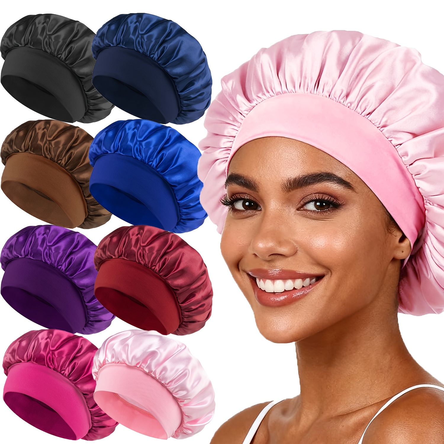 TEMU 8-pack High-gloss Satin Bonnet, Wide Elastic Band, No Tightness & Non-slip, Suitable For Long Hair, Curly Hair, Dreadlocks & Hairstyles, Protect
