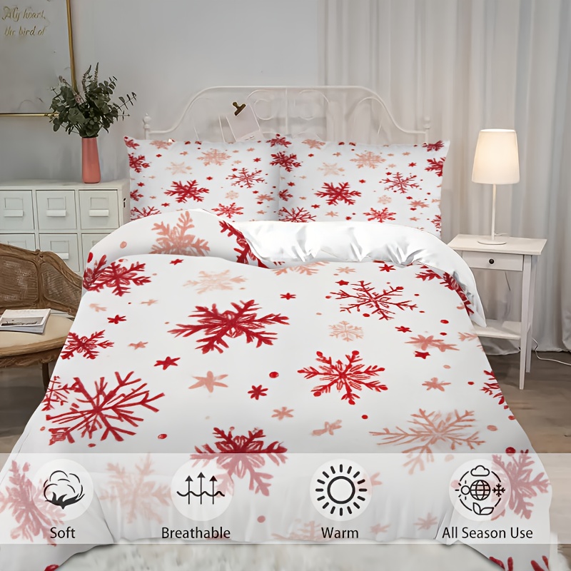 3pcs Winter Bedding Set - Red & Grey Snowflake Pattern, Machine Washable All-Season Duvet Cover & Pillowcases (1 +2) for Christmas, New Year's Decor - Bedding Basics Collection, Holiday Bedroom, Guest Room Essentials, Festive Design, Easycare Fabric, Durable Material, Seasonal Gift Buyers, Home Decorators, 2D Flat