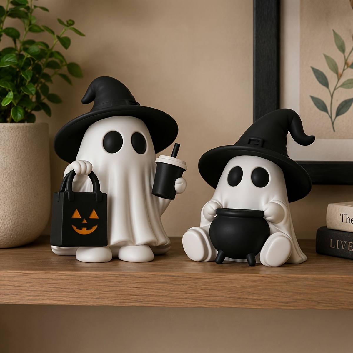 TEMU Halloween Ghost Figurine Set, Cute Witch Ghost Statue With Pumpkin Bucket And Magic Cauldron, Spooky Cute Tabletop Decor, Halloween Party Home