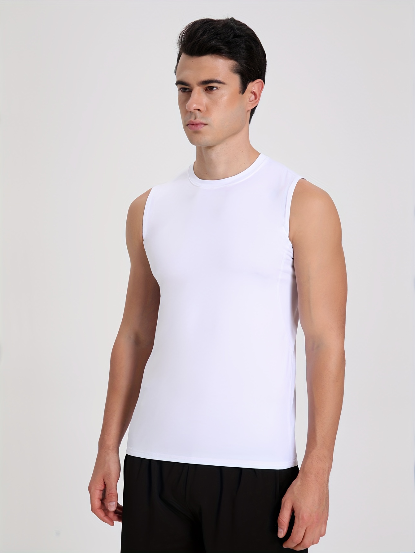 Camiseta sin mangas de compresión para hombre Camiseta de verano Capa base  Gimnasio Chaleco deportivo TeeBlackL
