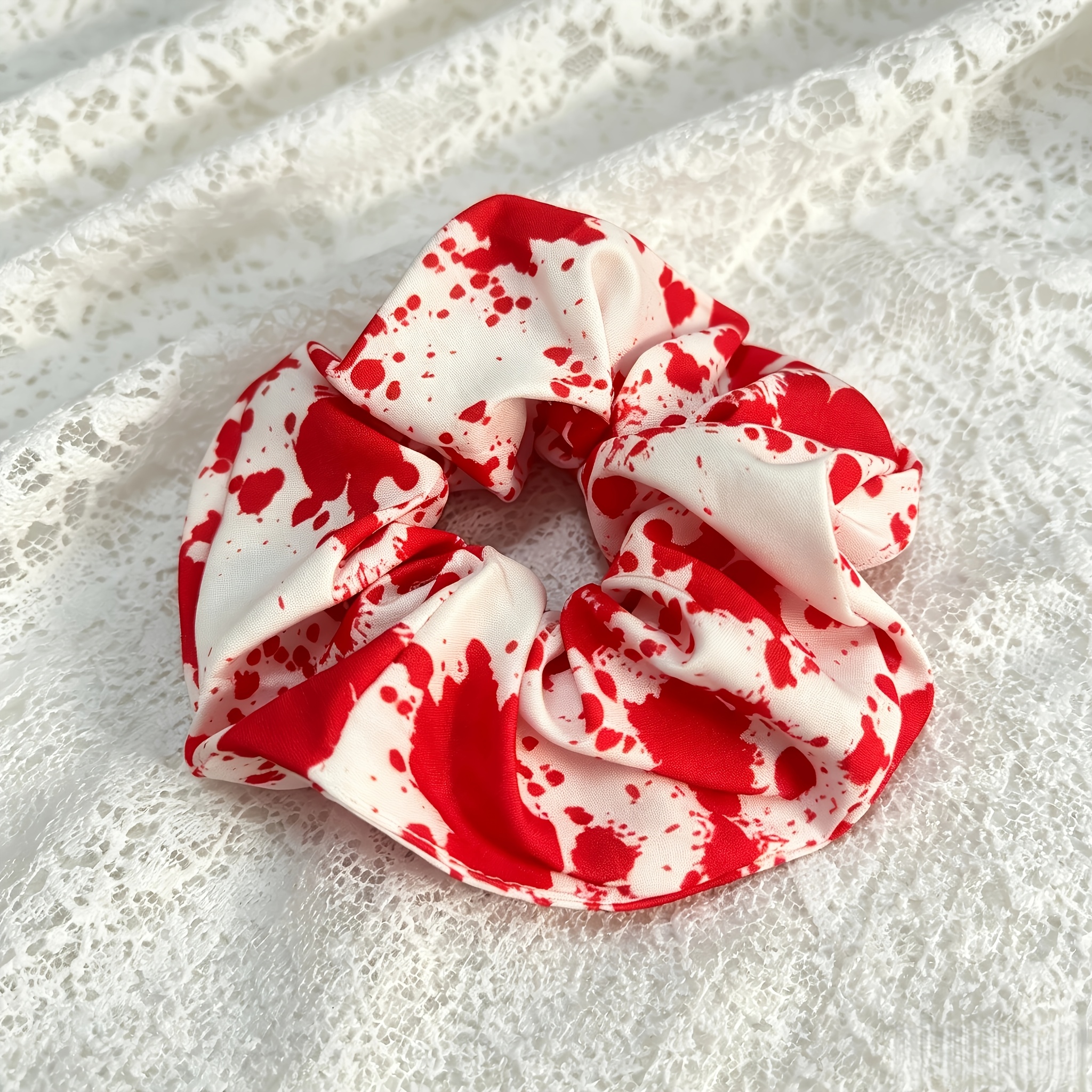 Image of 1pc/3pcs/ White And Red, Blood Splatter Blood Pattern, Gothic, Creepy, Horror, Halloween Headband, Hair Tie, Scrunchie, Hair Accessory