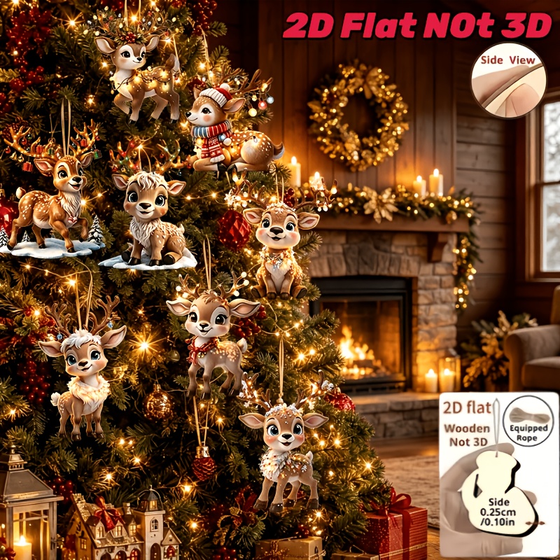 TEMU 2d Flat, 8pcs Cute And Wooden Ornaments, Christmas Tree Hangings, New Year Decorations And Christmas Hangings, Seasonal Home Decor, Handicrafts,