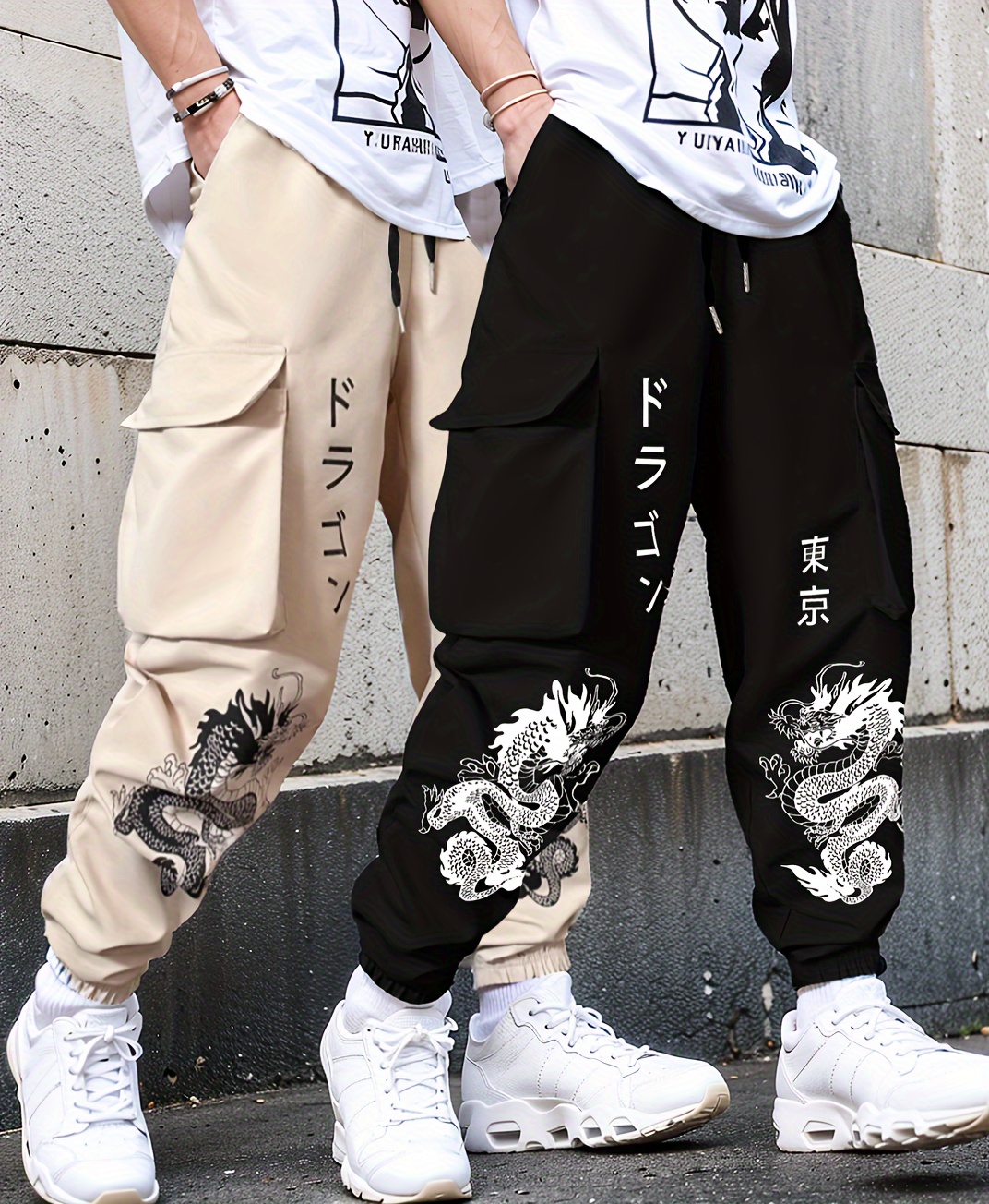 2pcs set Men's printed flower casual large pocket overalls elastic waist drawstring pants for spring and autumn season, for Autumn, Spring