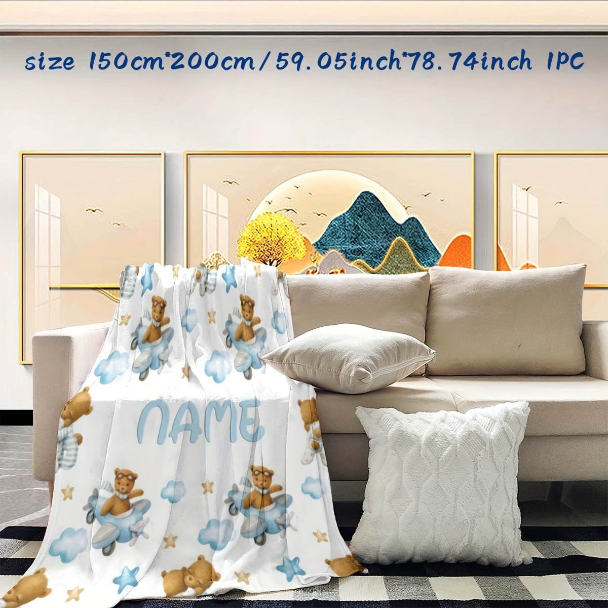 Personalized Custom Name Flannel Blanket, Cute Bear Airplane Series