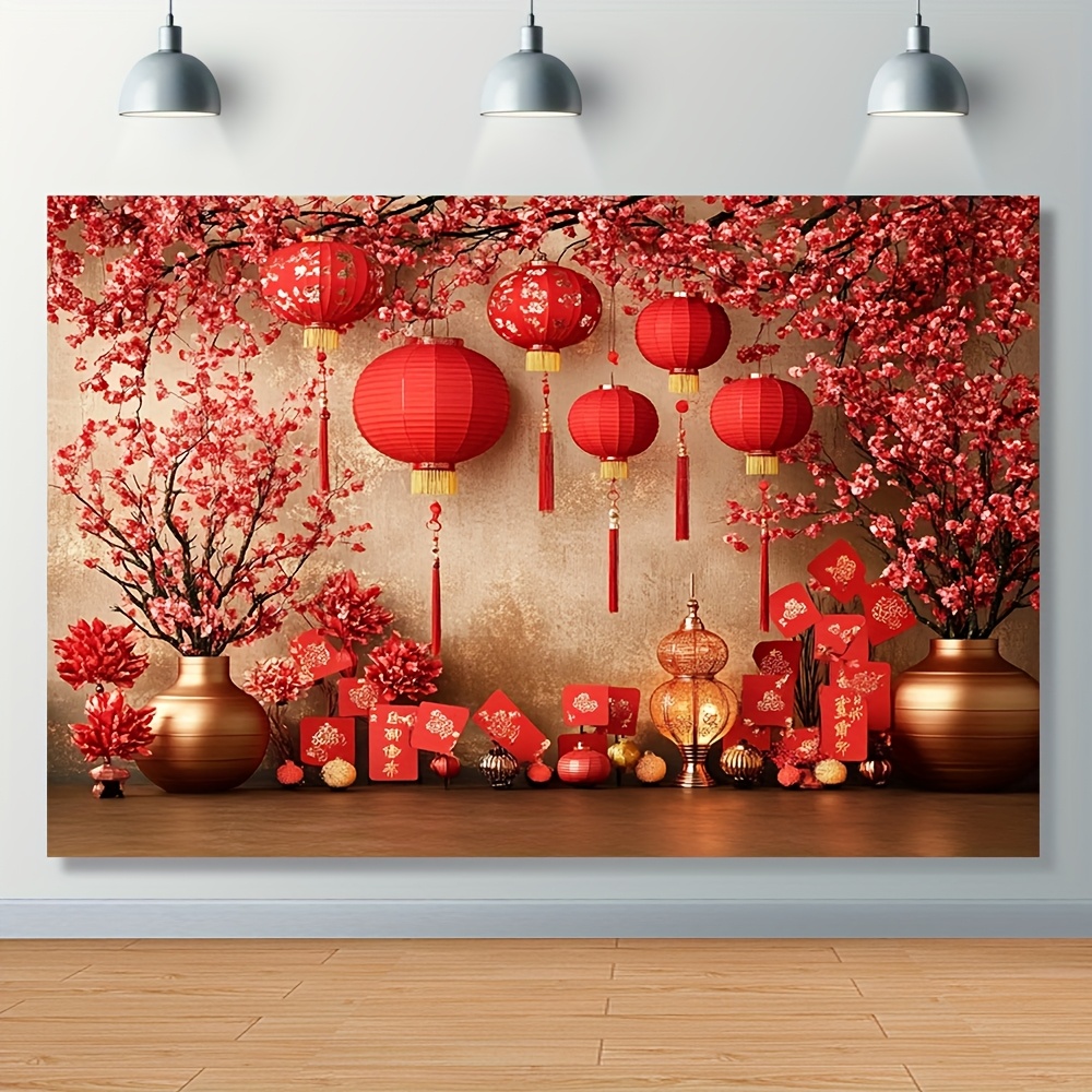 

1pc Polyester Red Lanterns And Floral Photographic Backdrop - No Electricity Required, Seasonal Decor For Birthday, Party, Photo Booths, Cake Table - Chinese New Year Banner Decoration