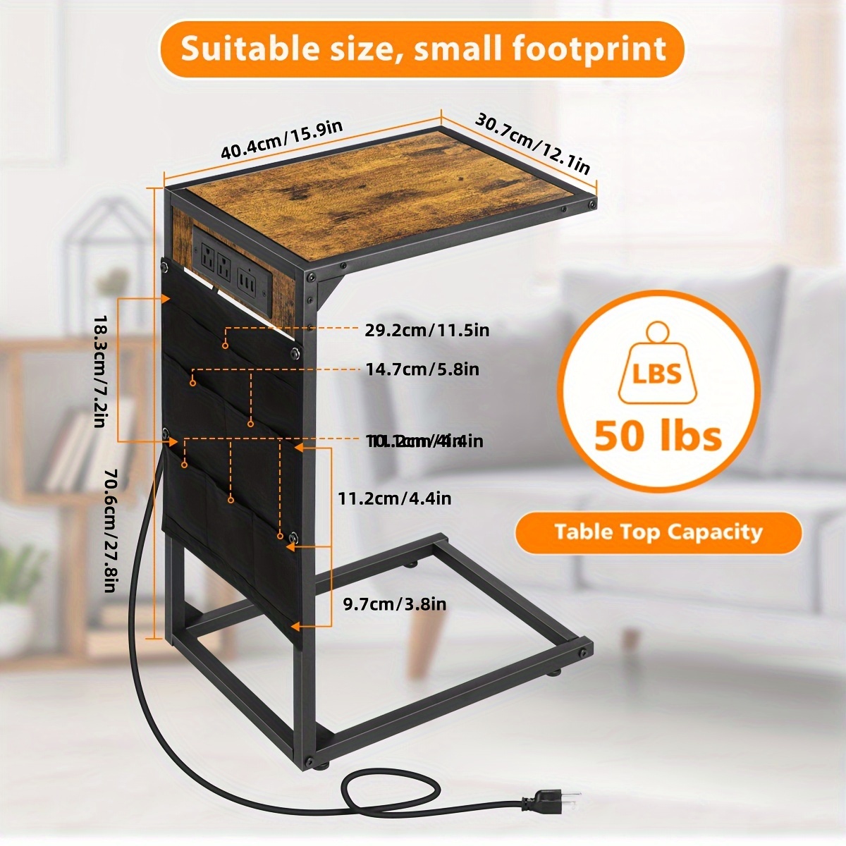 1pc 2pcs c shaped end table 50lbs capacity desktop storage removable table coffee table slides under sofa snack table ideal for room sofa bedroom multifunctional table charging station storage bag drawer organizer for home storage details 2