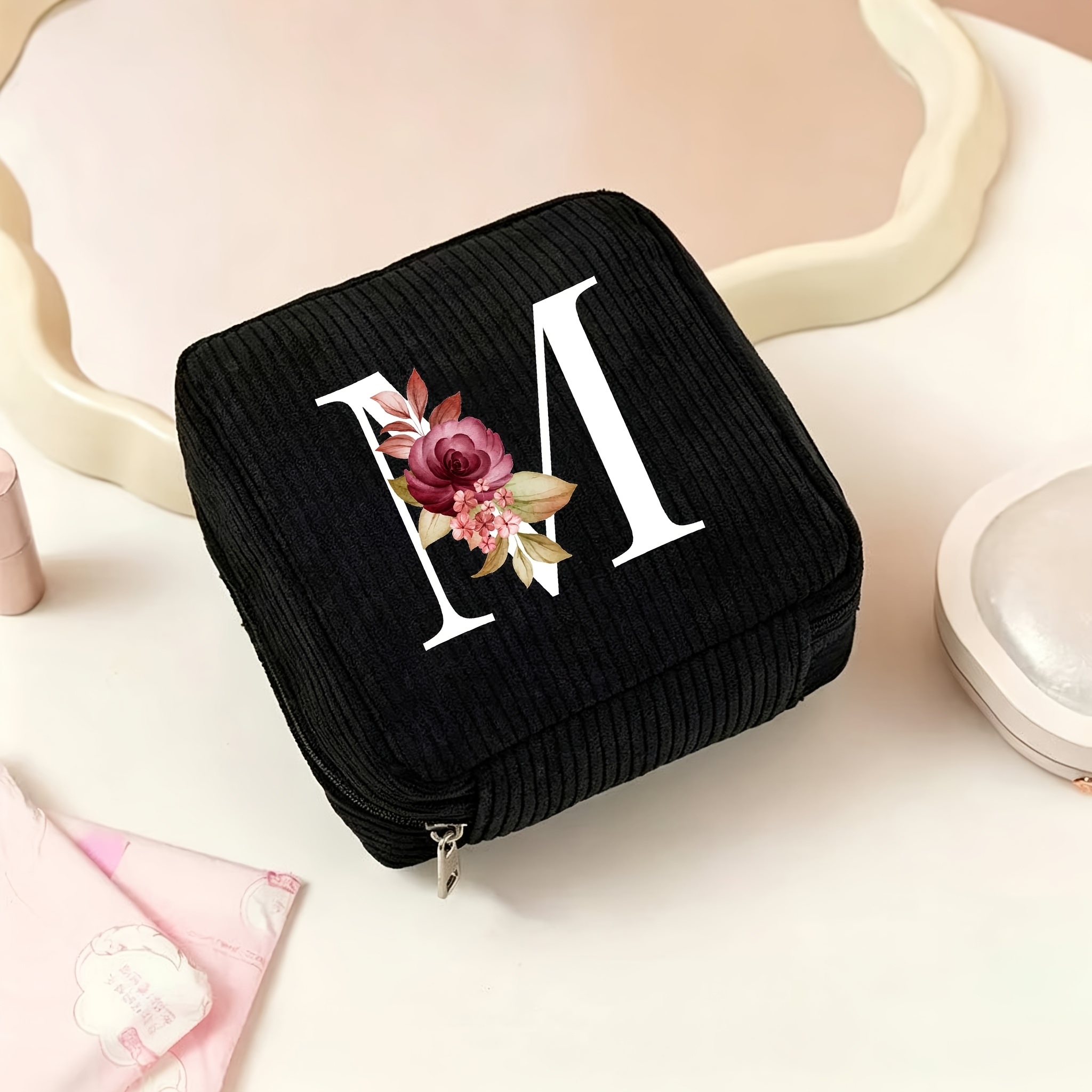 TEMU 1pc Letter A-z Rose Floral Pattern Sanitary Pad Storage Bag Large Capacity Portable Makeup Bag ' Swab Organizer Women' Purse Makeup Bag Holiday