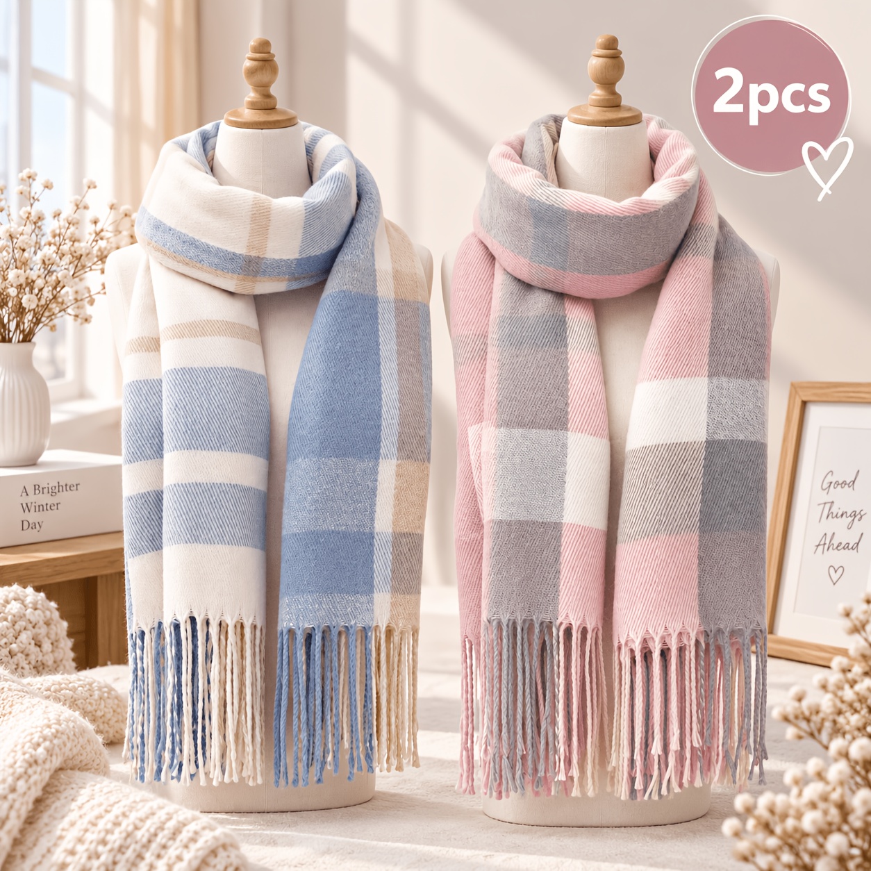 TEMU 2pcs Women's Winter Scarf Set, Soft And Warm Long Scarf With Tassels, Optional Double Scarf Or Scarf And Fingerless Gloves Set, Autumn/winter