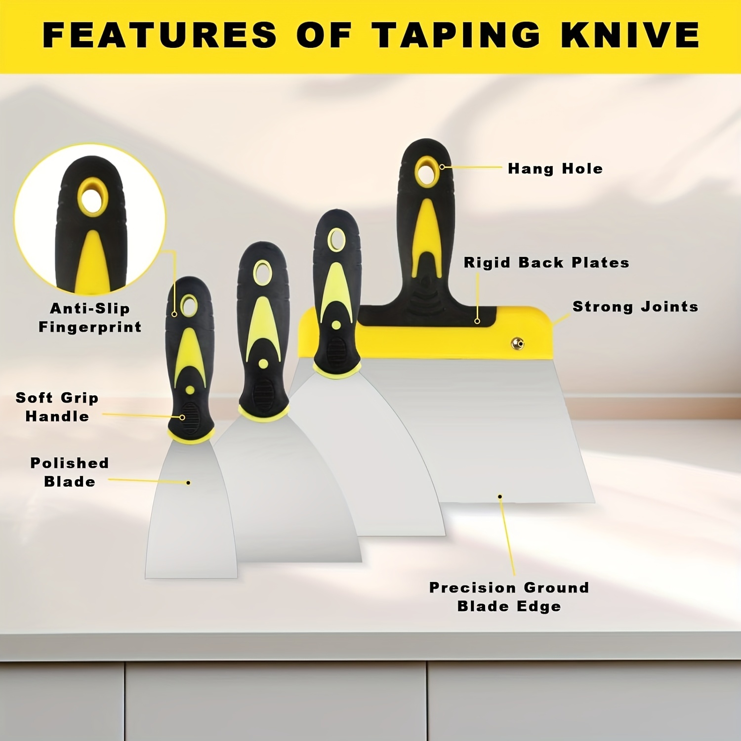 4pcs Multi-Purpose Stainless Steel Putty Knife Set, Stainless Steel Scraper, with Non-Slip Plastic Handle, Painter'S Wall Scraper, Multi-Size Suitable for Wall Repair, Paint Scraping, Filling Putty, Removing Wallpaper (50 Mm, 100 Mm, 150 Mm, 200 Mm)