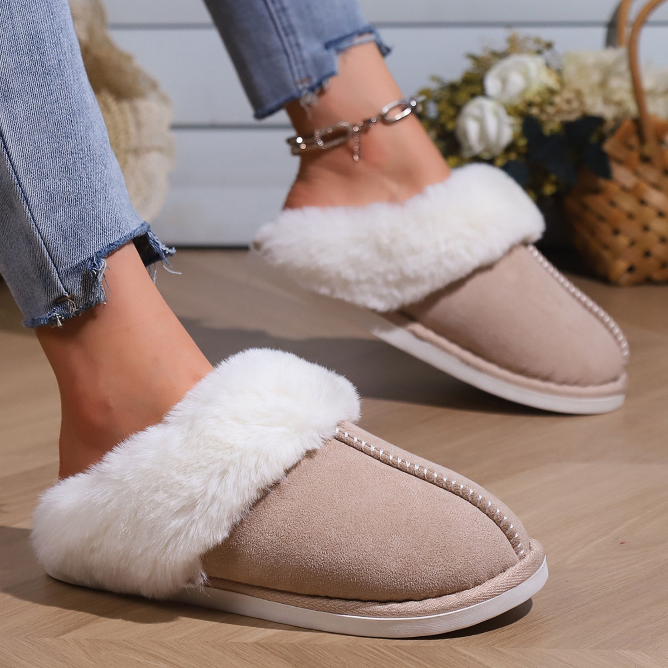 

Women's Flat Sandals, Home Warm Plush Lined Cozy Sandals, Comfort Non-slip Bedroom Sandals, Winter & Autumn