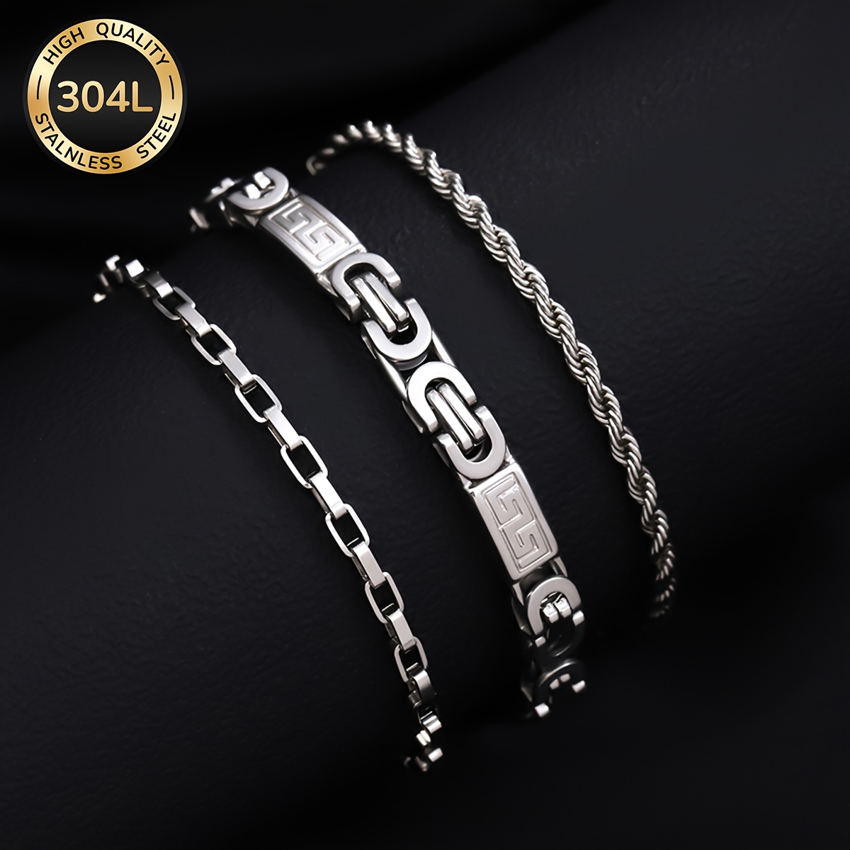 3pc Waterproof 304 Stainless Steel Men's Bracelet Set