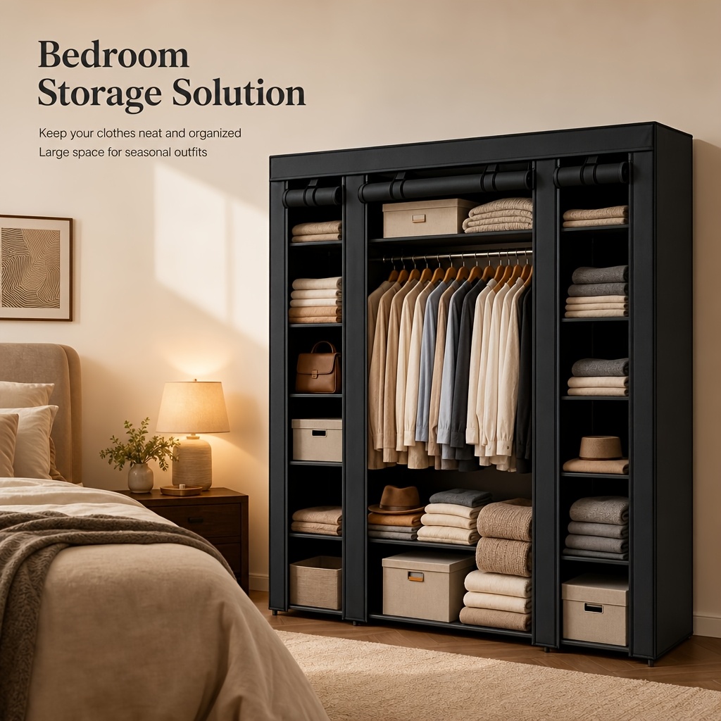 TEMU Armoire de Rangement Portable avec 12 Étagères et Tringle , Housse en Tissu Non-Tissé, Cadre Durable en Tube de Fer, Montage Facile Outil, de