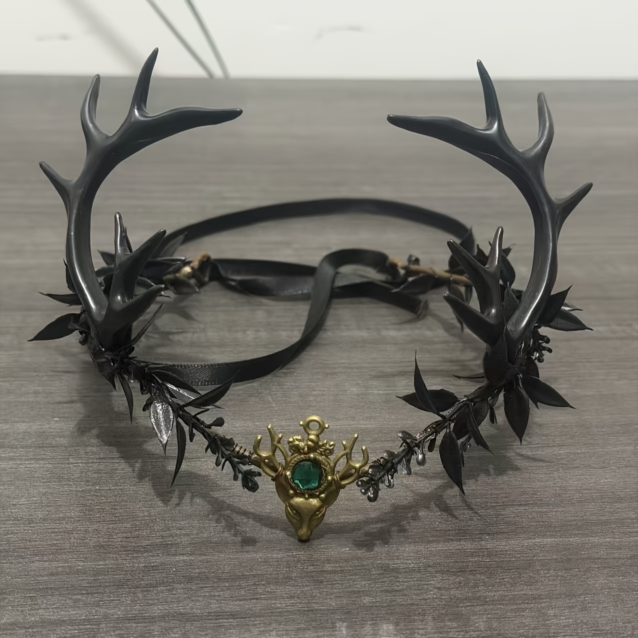 TEMU Serre-tête 1 pièce à noir gothique, tête de cerf vintage en bronze avec verte, coiffe de costume de sorcière elfe de la forêt , accessoire de