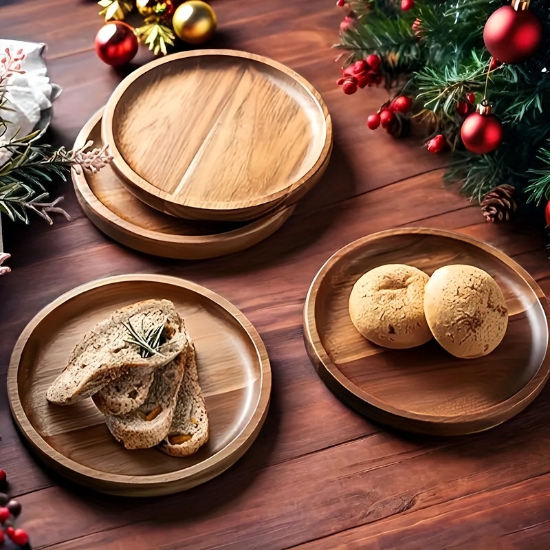 4pcs Hard Wood Tray Set, 5.9" - Perfect For Coffee, Tea, Snacks, Desserts & Appetizers Round Wooden Plate With Candle Holder Festive Home And Table Decoration