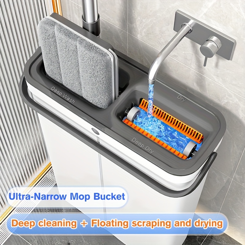 Household Narrow Slit Storage Hands-Free Mop Bucket Set, Wet and Dry Bucket, Home Vinyl Wood Flooring, Hardwood Wood Flooring Tile Wall Universal, Suitable for Living Room, Bedroom, Kitchen, Bathroom, Patio, Cleaning Tools, Cleaning Supplies