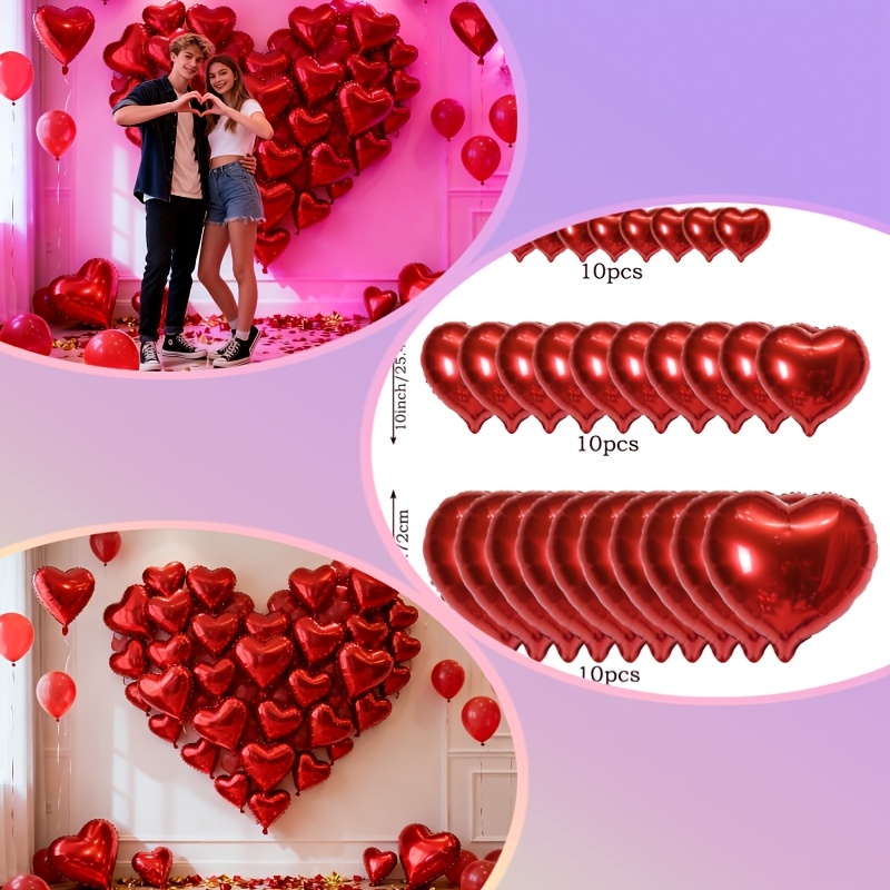 Image of 30pcs Set Of 18-inch/10-inch/5-inch Red Heart Foil Balloons For Outdoor Yard Decor, Photos, Lawn Parties, Couple Proposals, And Outdoor Wedding Reception Areas, Celebration Decorations
