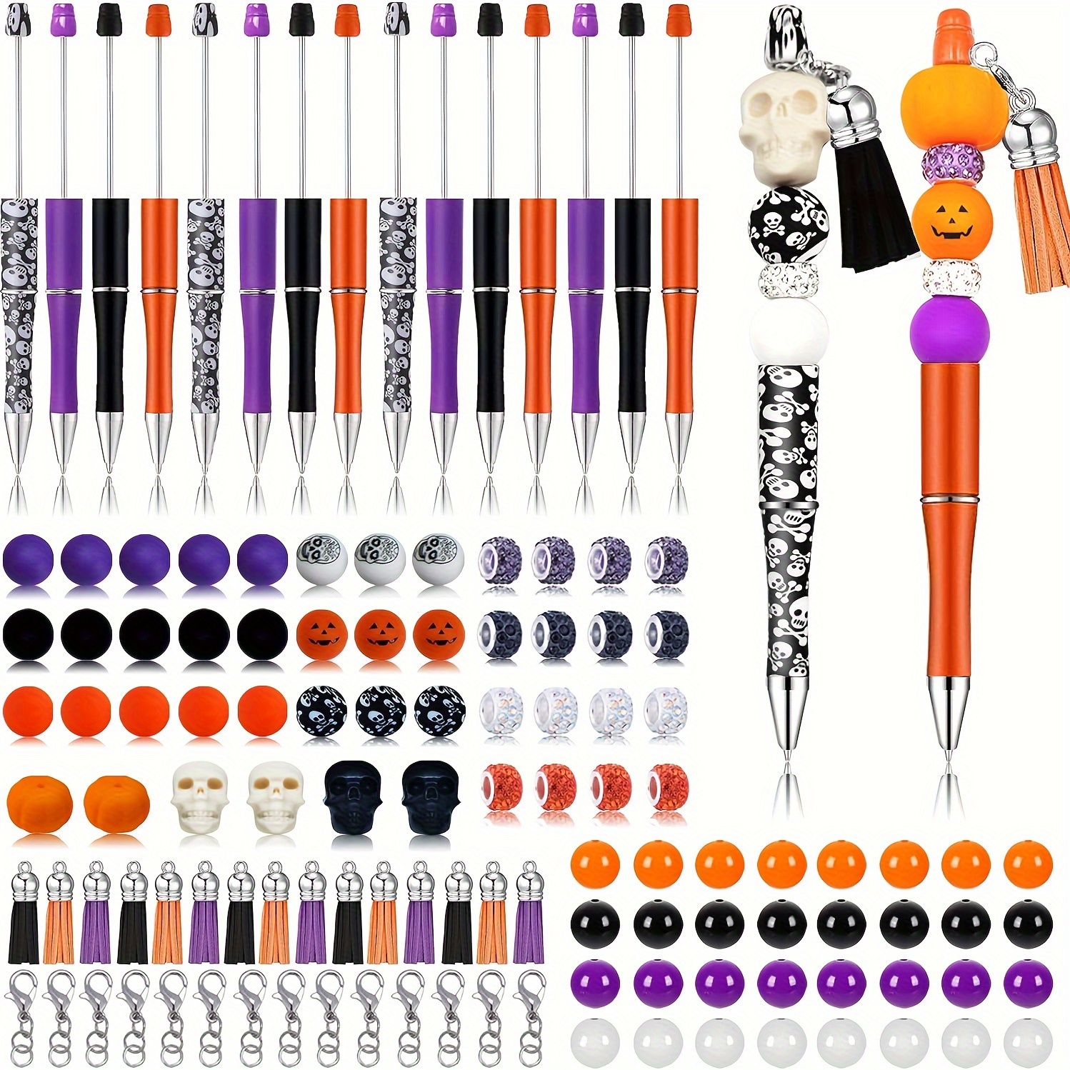 

69pcs Halloween Beading Pen Kit With 8 Plastic Beadable Pens, 45 Assorted Beads, 8 Tassels, 8 Lobster Clasps – Diy Halloween Themed Skeleton & Pumpkin Bead Pens For School And Office Supplies