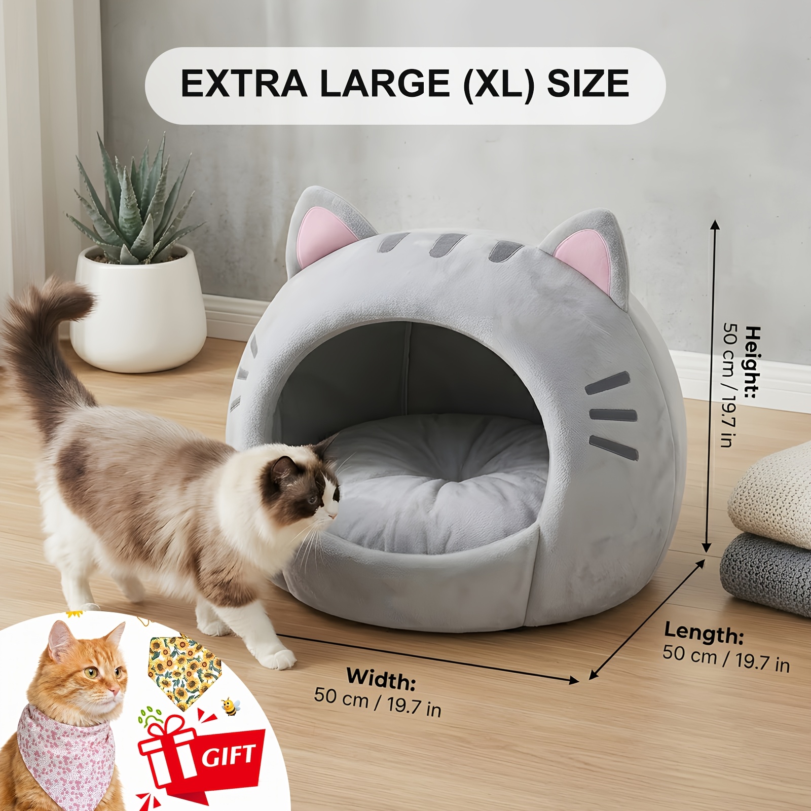 TEMU For Large Enclosed Cat House With A Removable, Washable Soft Cushion And A Soft Plush Cat Tent Featuring A Hanging Toy Ball; Suitable For Large