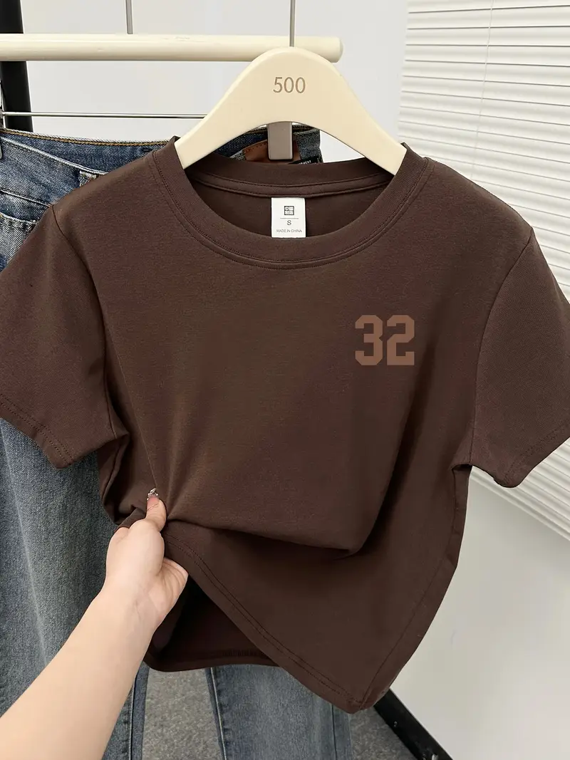 womens fit short sleeve t shirt navy blue casual round neck top with brown 32 letter print breathable summer tee for petite women machine washable layering essential versatile clothing trendy design smooth texture Product details 1