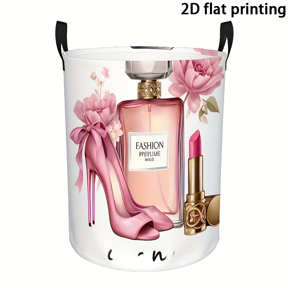 Image of 1pc, Dirty Clothes Basket, Pink Perfume High Heels Lipstick Bouquet Pattern, Suitable For Bedroom Laundry Room Dormitory Storage Basket, Round Dirty Clothes Basket, Laundry Baskets