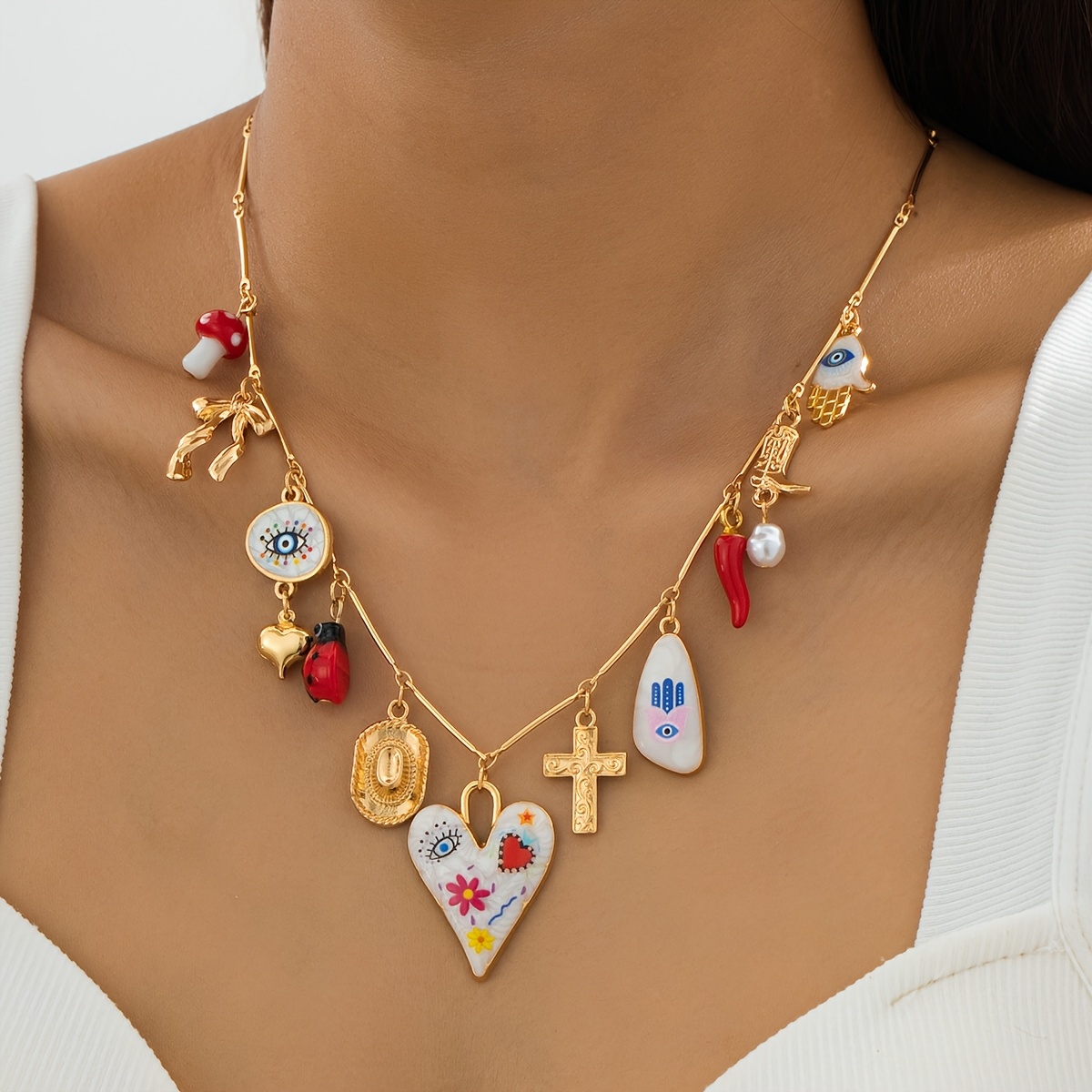 Sweet Funky Charm Necklace with Heart, Boot, Hat, and Eye Pendants