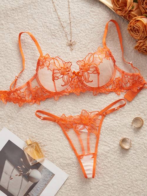orange floral embroidered bra romantic gorgeous orange bra set christmas halloween plus size womens lingerie