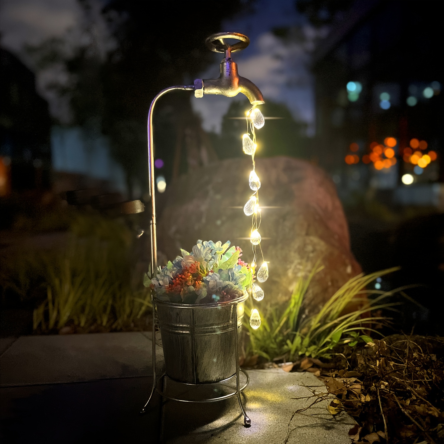 TEMU Solar Outdoor Flowerpot Lights Yard Porch Decorations, Solar Garden Metal Planter With Faucet Led Water Flowing, Ip65 Patio Pathway Light