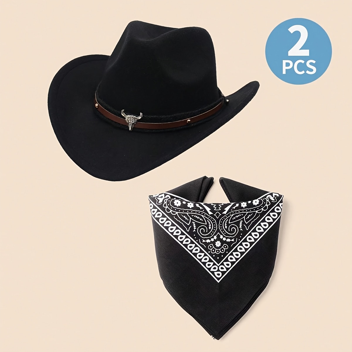 1 Set Of 's Calf Head Cowboy Hat And Patterned Small Square Scarf, Suitable For Daily Or Party Decorations, 4-7, With Rigid Brim Hat Drag Protection