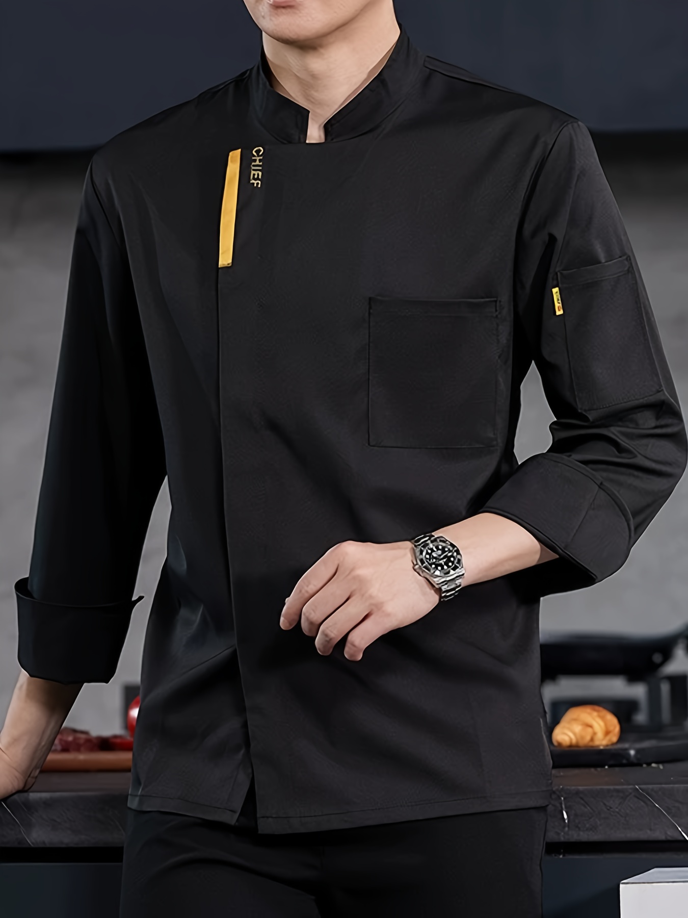 Color: Black 1pc Men's Chef Coat in Neutral Color with Buttons and Chest Pockets, Suitable for Hotel Cooking and Baking Activities