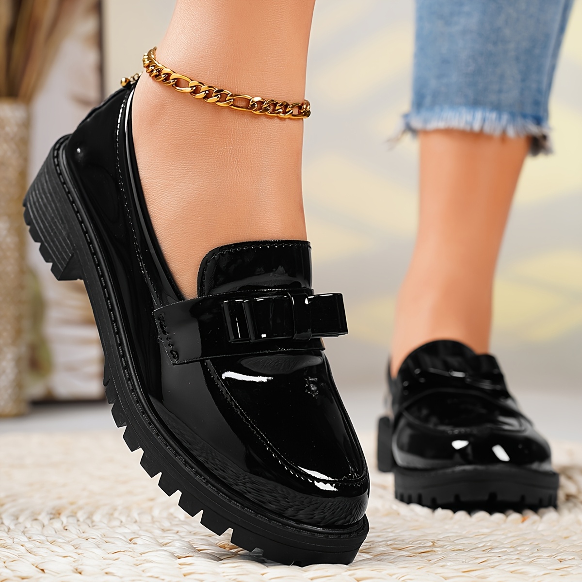 

Women's British Style Slip-on Loafers - Black Cover Platform Shoes With Round Toe And Strap, Comfortable Tpu Sole For Casual Attire, Ladies Shoes