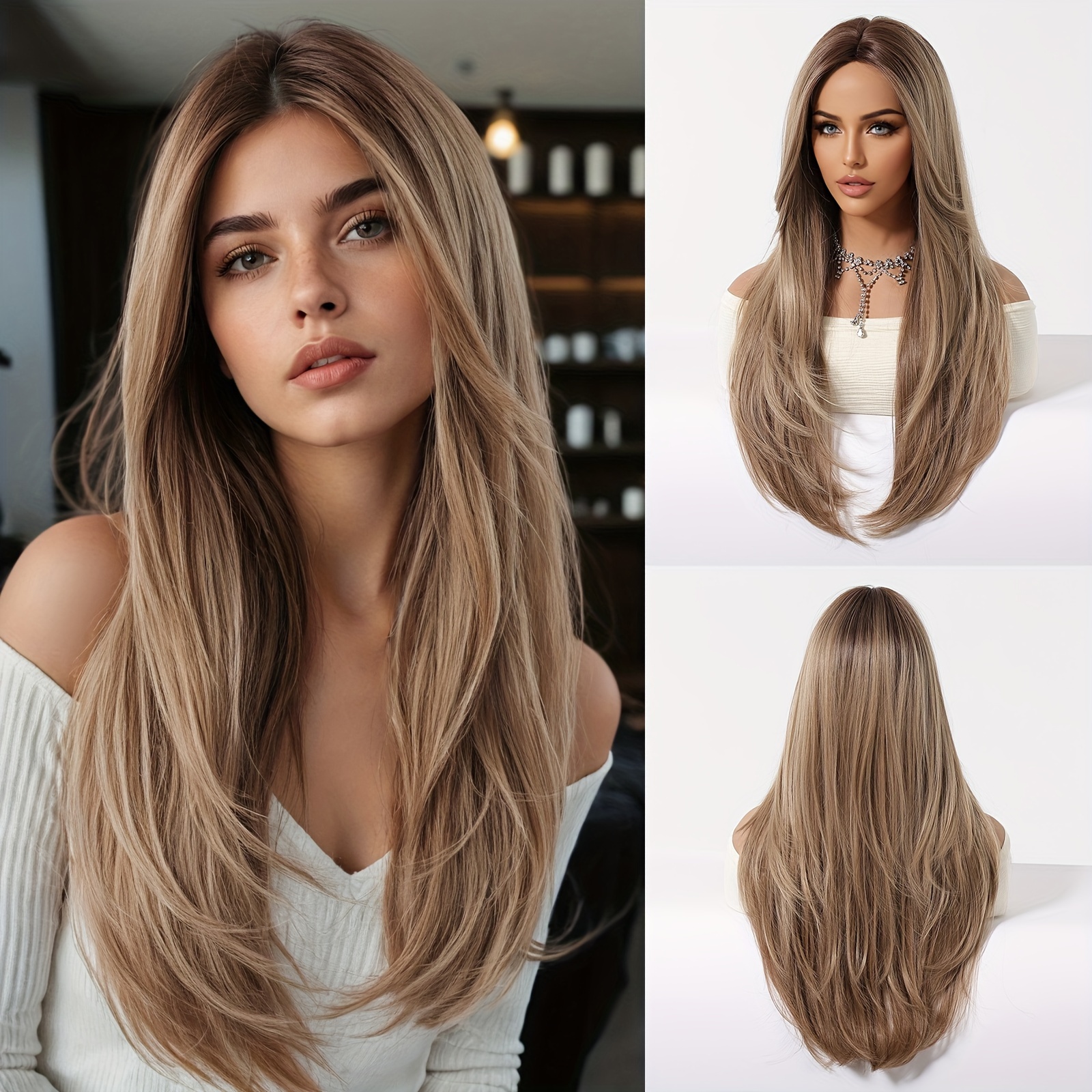 

1pc Elegant Blonde Long Synthetic Wig, Women's Middle Part, Tang Long Fiber, Cap, 100% Density, Straight Hair Style