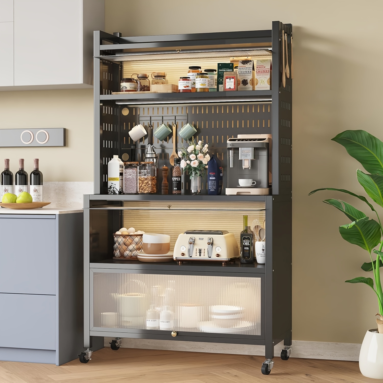 TEMU Kitchen Rack With Flip Door Cabinet, 5-tier Microwave Stand With Pegboard Accessories, Large Metal Storage Shelves For Garage Pantry Home Kitchen Spices, Pots, And Pans
