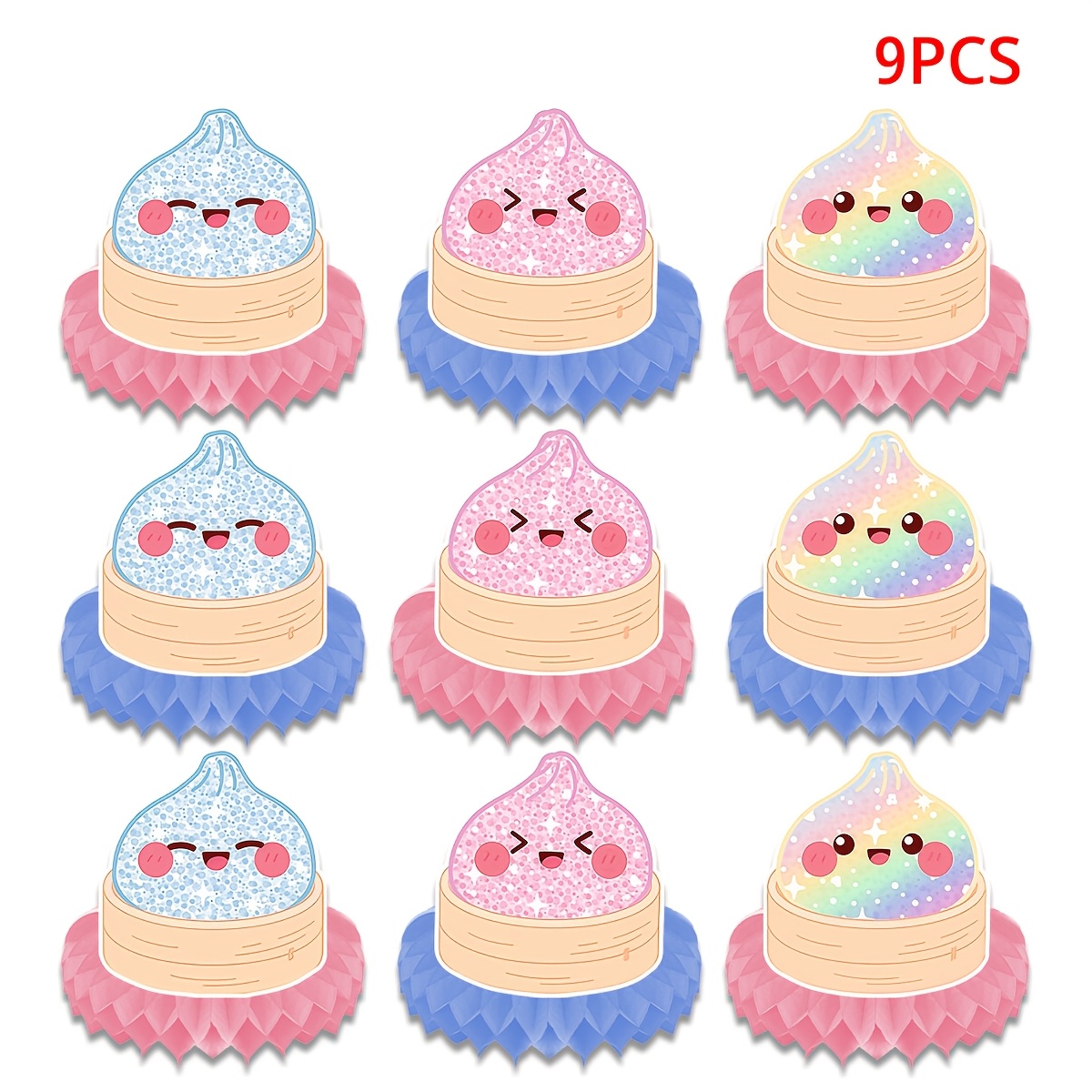 TEMU 9pcs Cute Glitter Dumpling Honeycomb Table Centerpieces, Cartoon Bun Paper Table Decor, Themed Birthday Party Tabletop Ornament Supplies