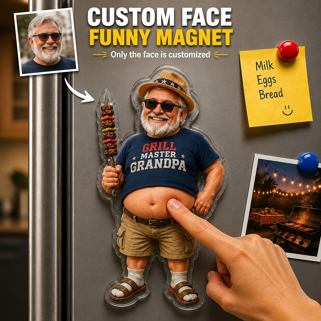 TEMU Aimant de réfrigérateur 2D plat, personnalisé avec visage, ventre de dessin amusant, avec personnalisation de par téléchargement de photo, style