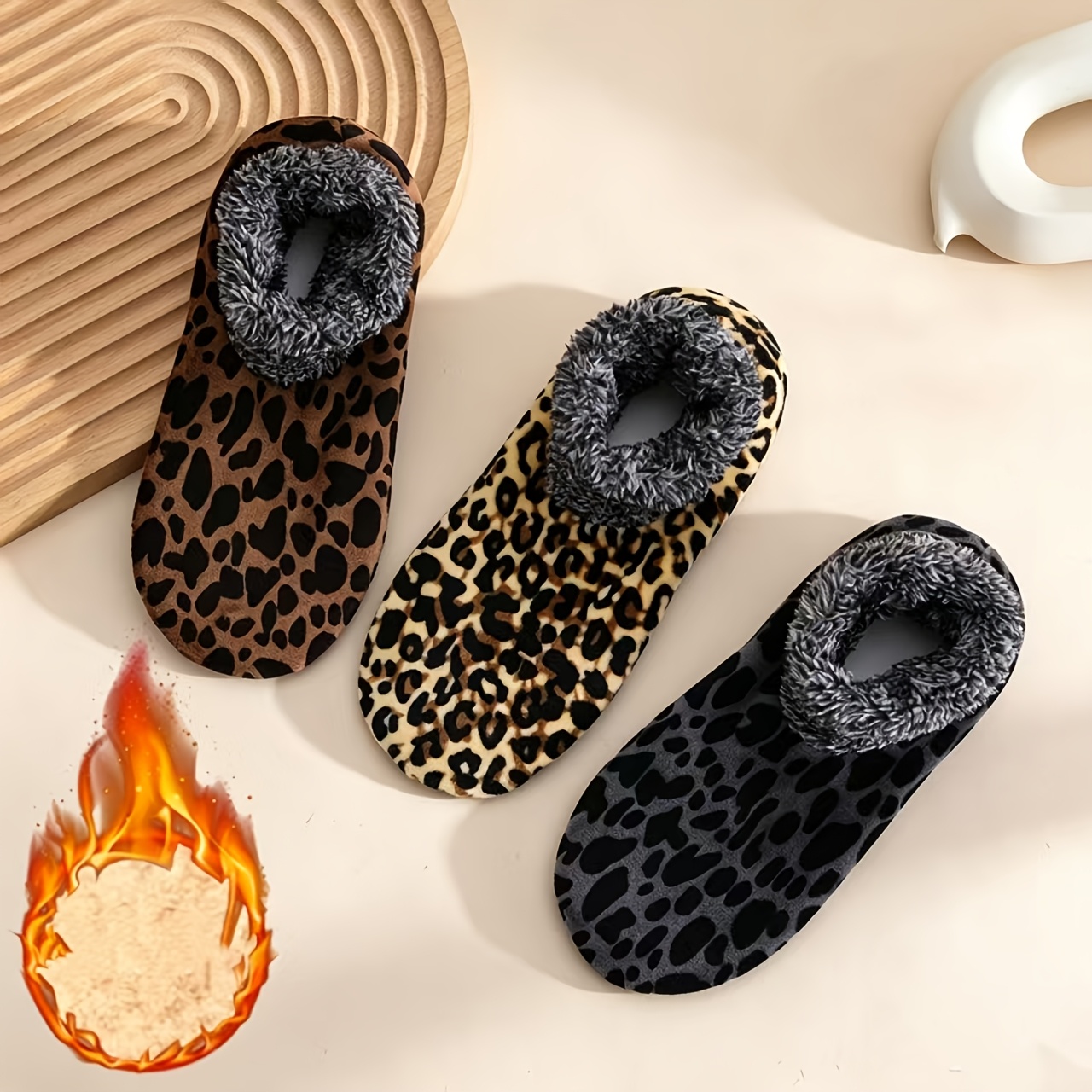 TEMU 3-pair Women's Thermal Lined Leopard Print Loungewear Socks, Non-slip Soft Fluffy Indoor Slipper Socks For Cold Weather