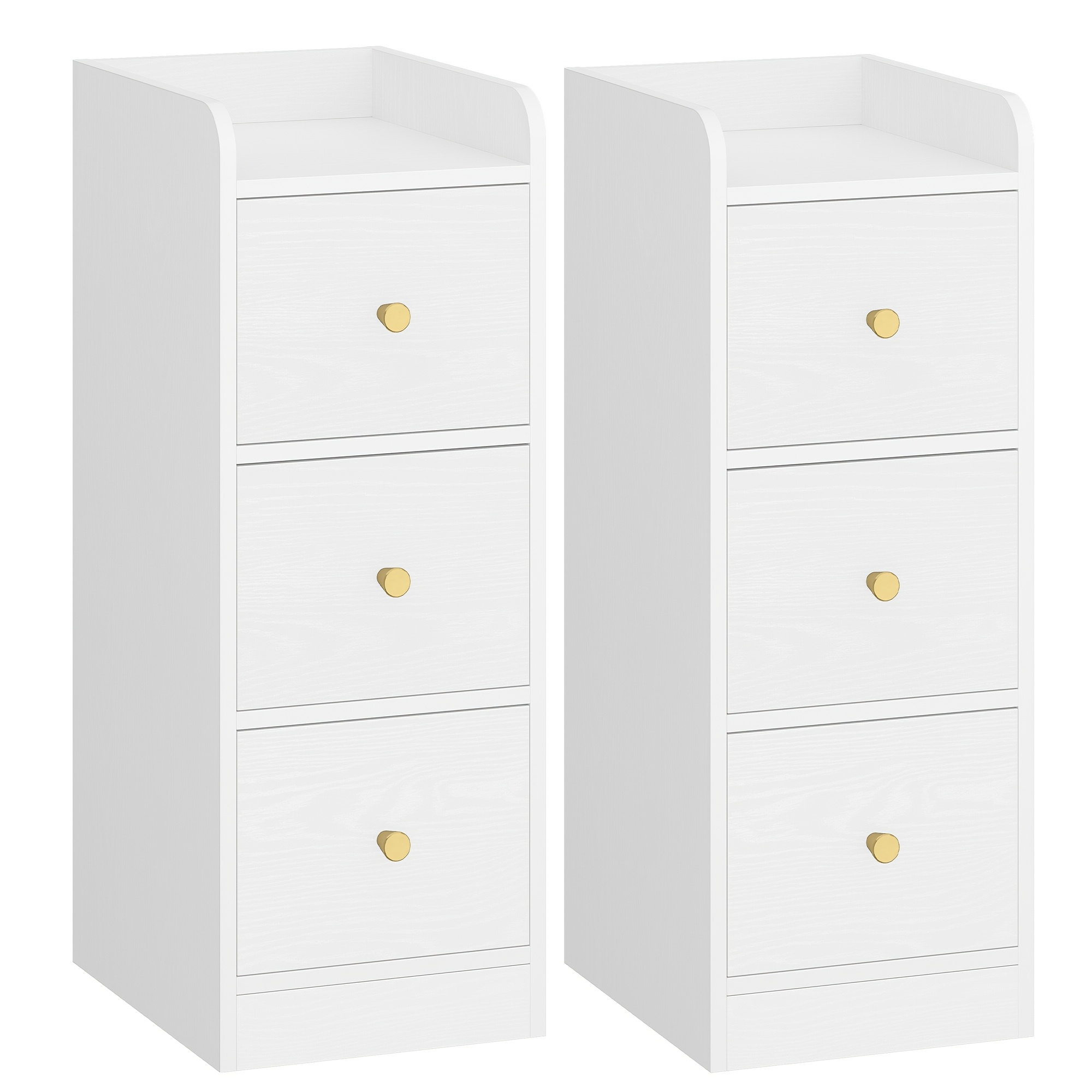 Image of Nightstand Set Of 2, Narrow, Side Table With 3 Drawers, Nightstands With Open Compartment, Adjustable Drawer Position For Bedroom, Living Room, White With Wood Grain