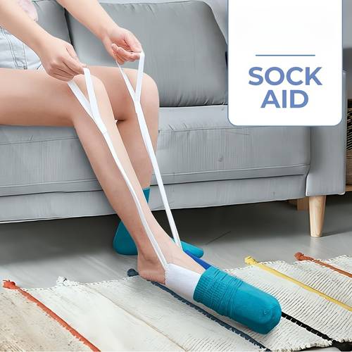 a sock aid that features a blue from non woven materials and polypropylene allowing to put on their socks without bending over ideal for elderly individuals pregnant women and diabetics