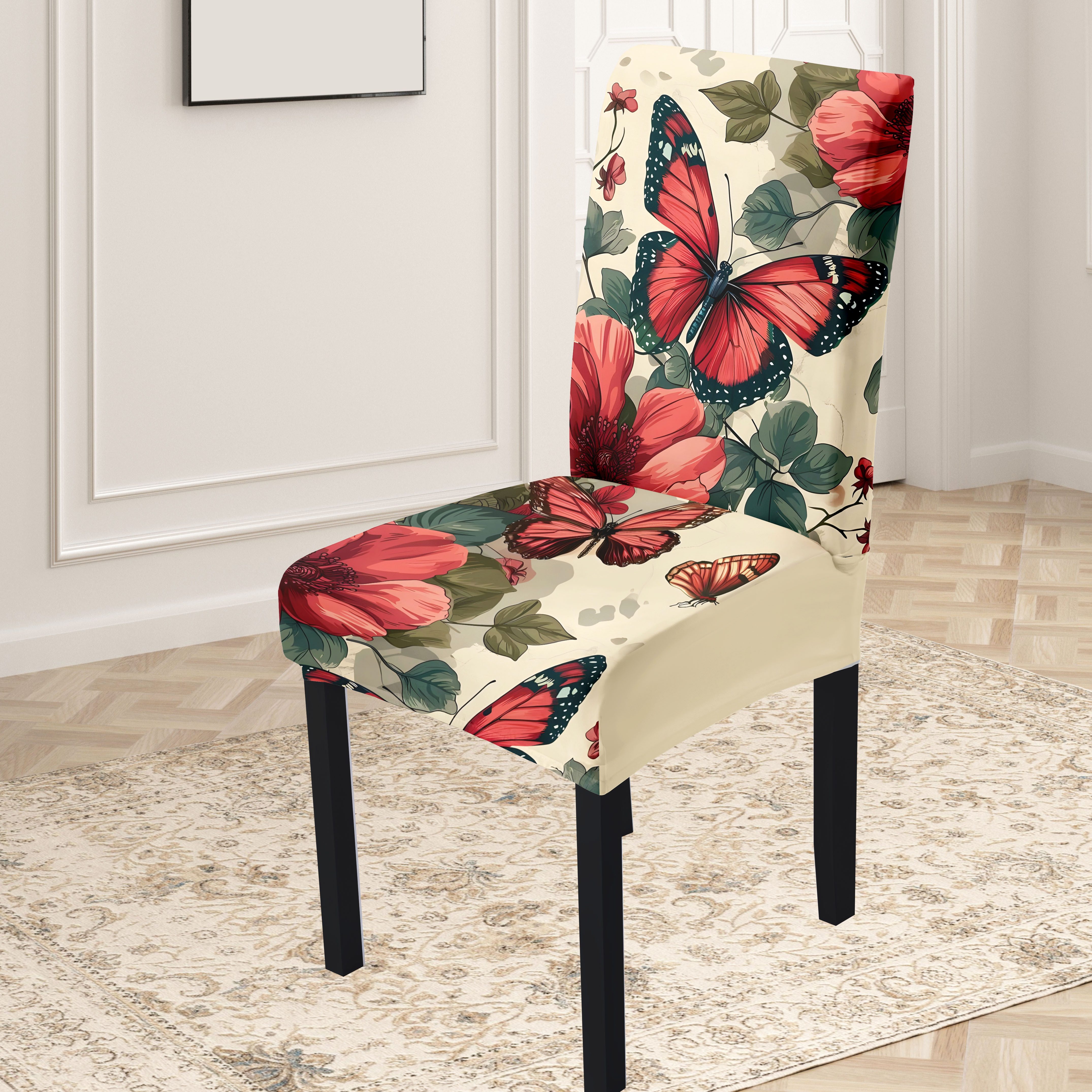 

4/6pcs Jit-enabled Butterfly & Floral Print Chair Covers - High Elasticity, Milk Silk Fabric, Suitable For Home, Hotel, Garden Settings