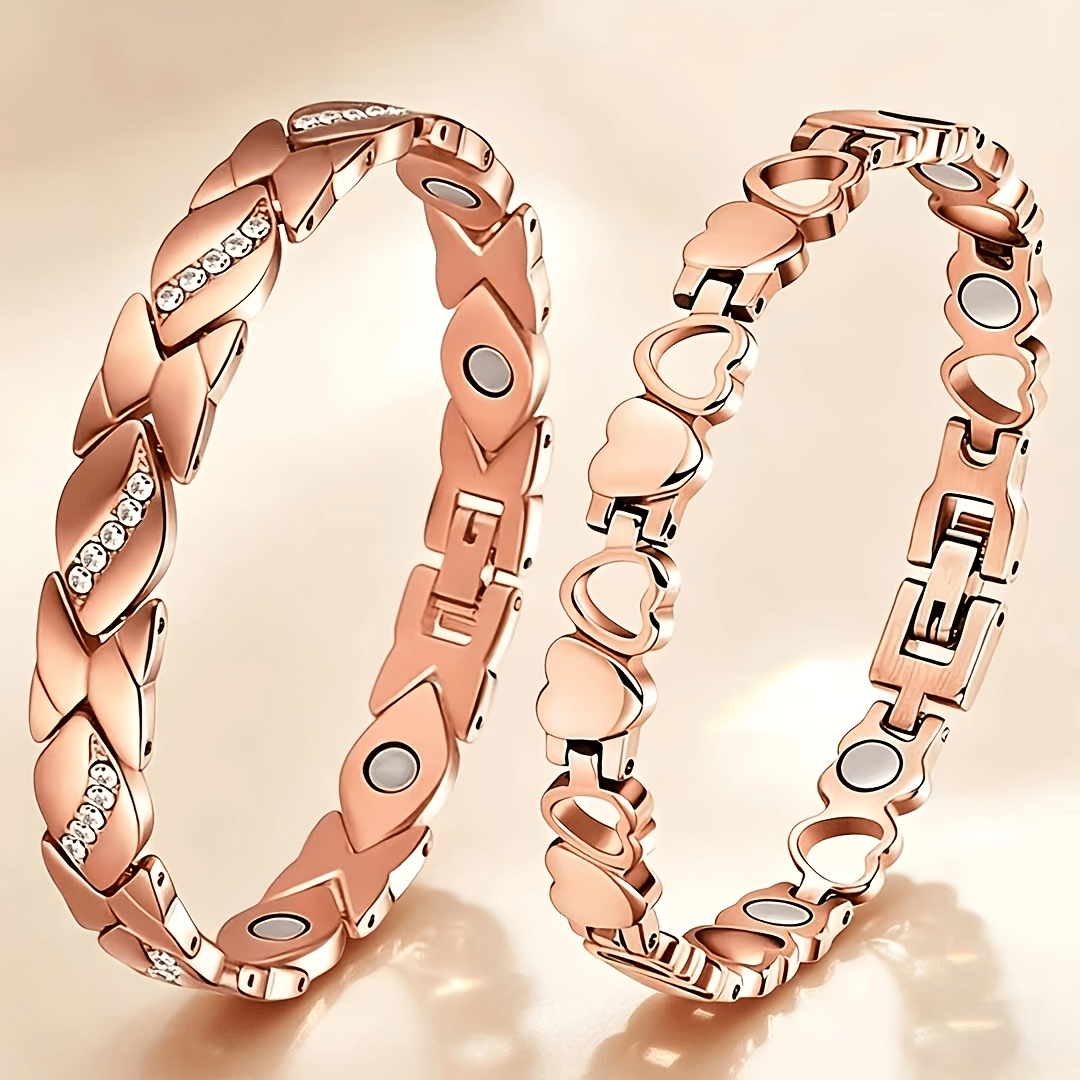TEMU 2pcs Women's Copper Magnetic Bracelet With Rose Golden Finish, With 99.9% Pure Copper Magnets - Exquisite Gift For Valentine's Day And