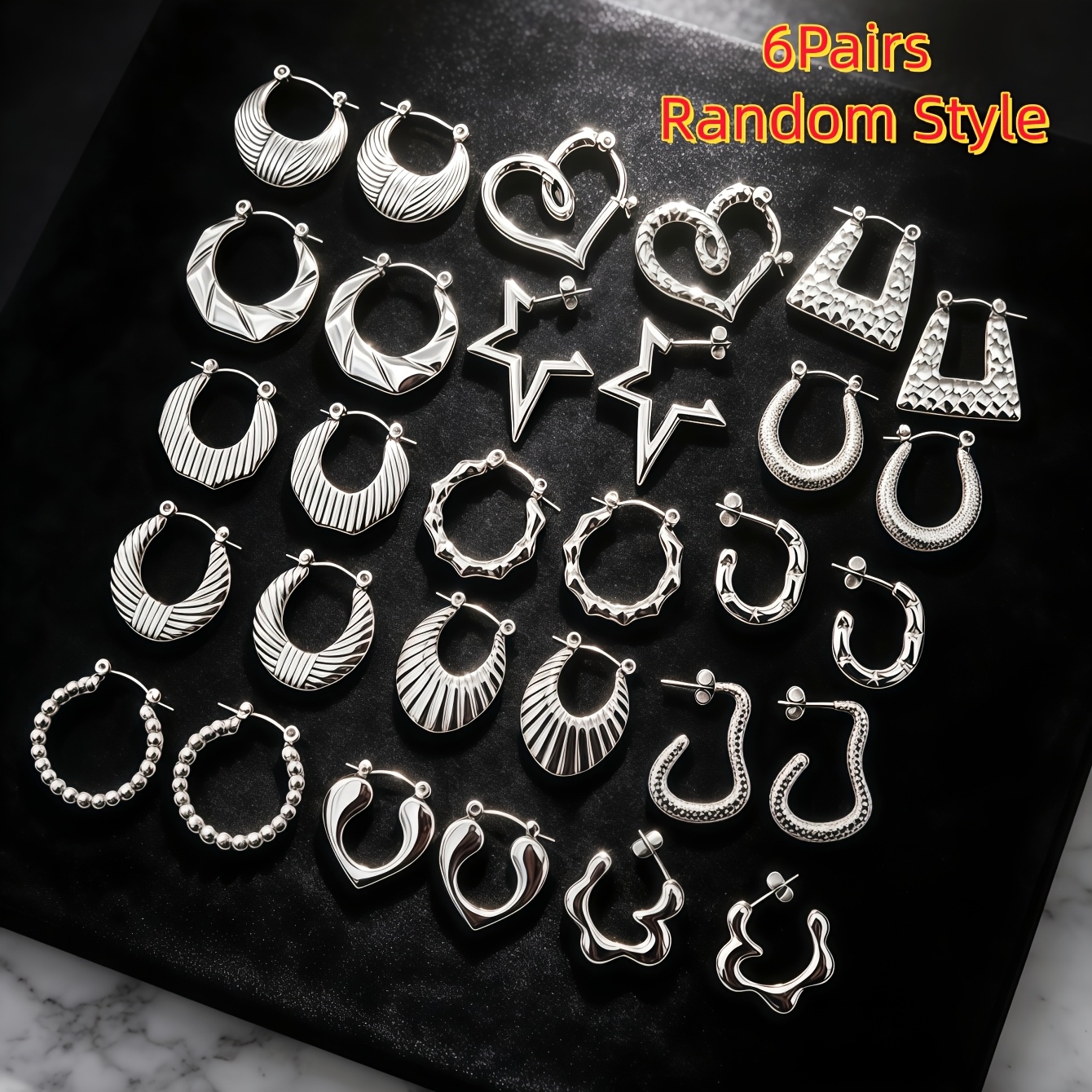 TEMU 6 Pairs Fashion Stainless Steel Hoop Earrings For Women Men Mix Style Minimalist Twisted C Shape Huggie Ear Buckles Trendy Daily Jewelry Party