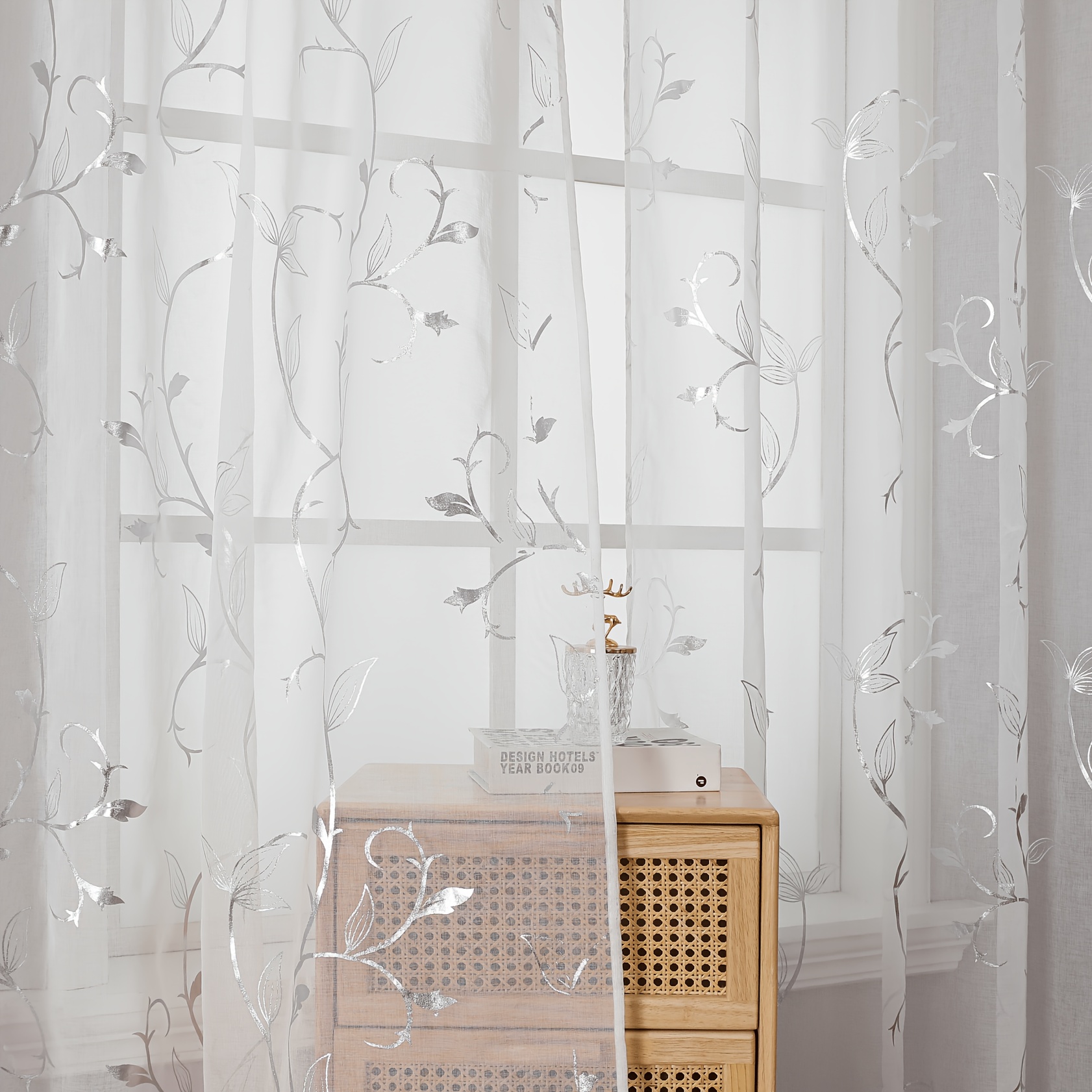 TEMU 1pc White Silvery Vine Sheer Curtain, Light Transmission Non-person, Perforated Style, Semi-transparent Window Scrim, Decoration Curtains For