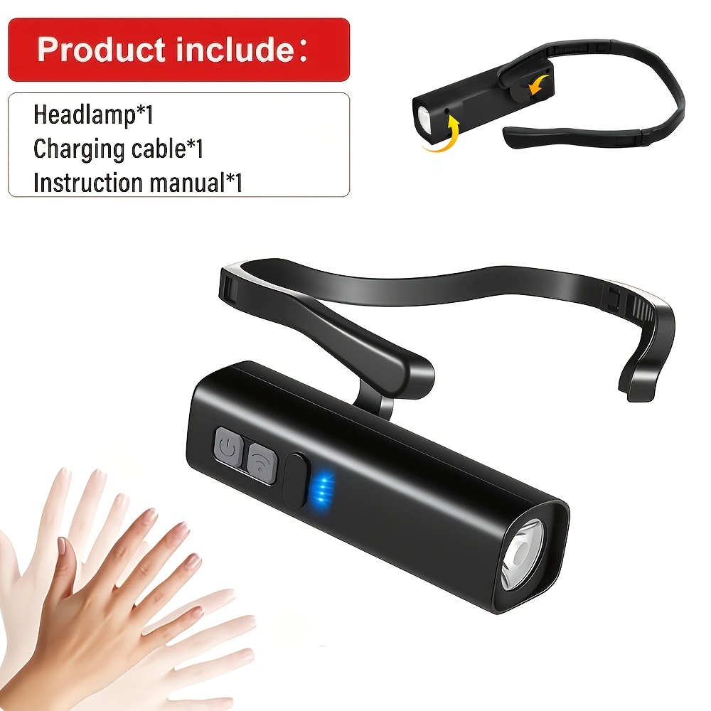 TEMU 1pc Ear-hook , Gesture-activated Usb Rechargeable Headlamp, And Detachable Headband Flashlight Ideal For Camping, Running, And Fishing